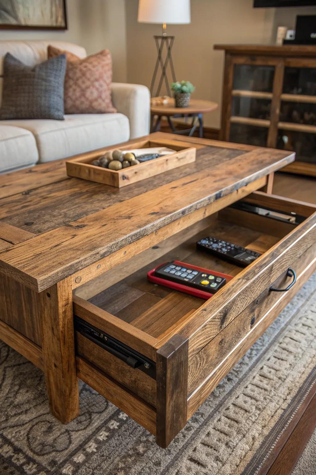 Discover the charm of hidden treasures with this rustic coffee table—where style meets surprise.