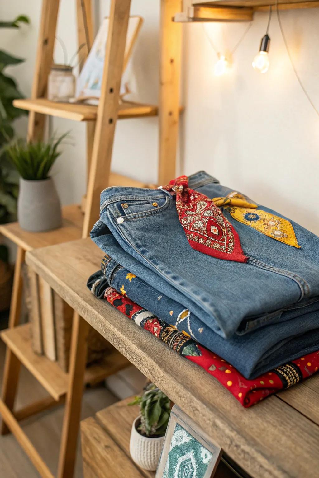 Jeans with vibrant bandana embellishments for an eclectic vibe.