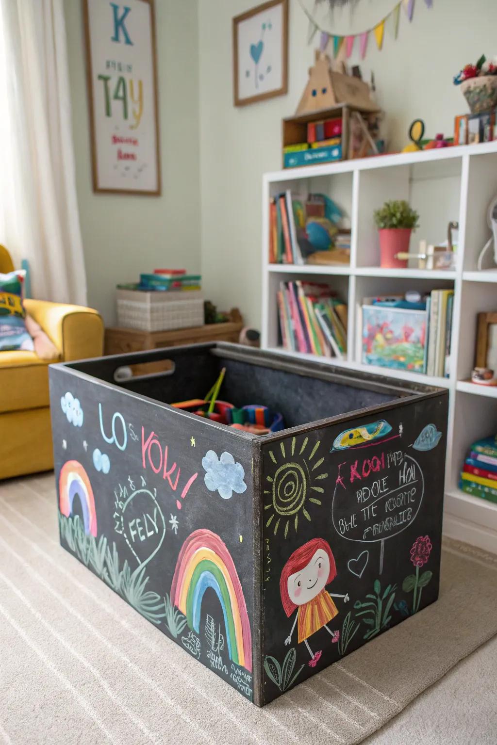 A chalkboard-painted box in a playful setting.