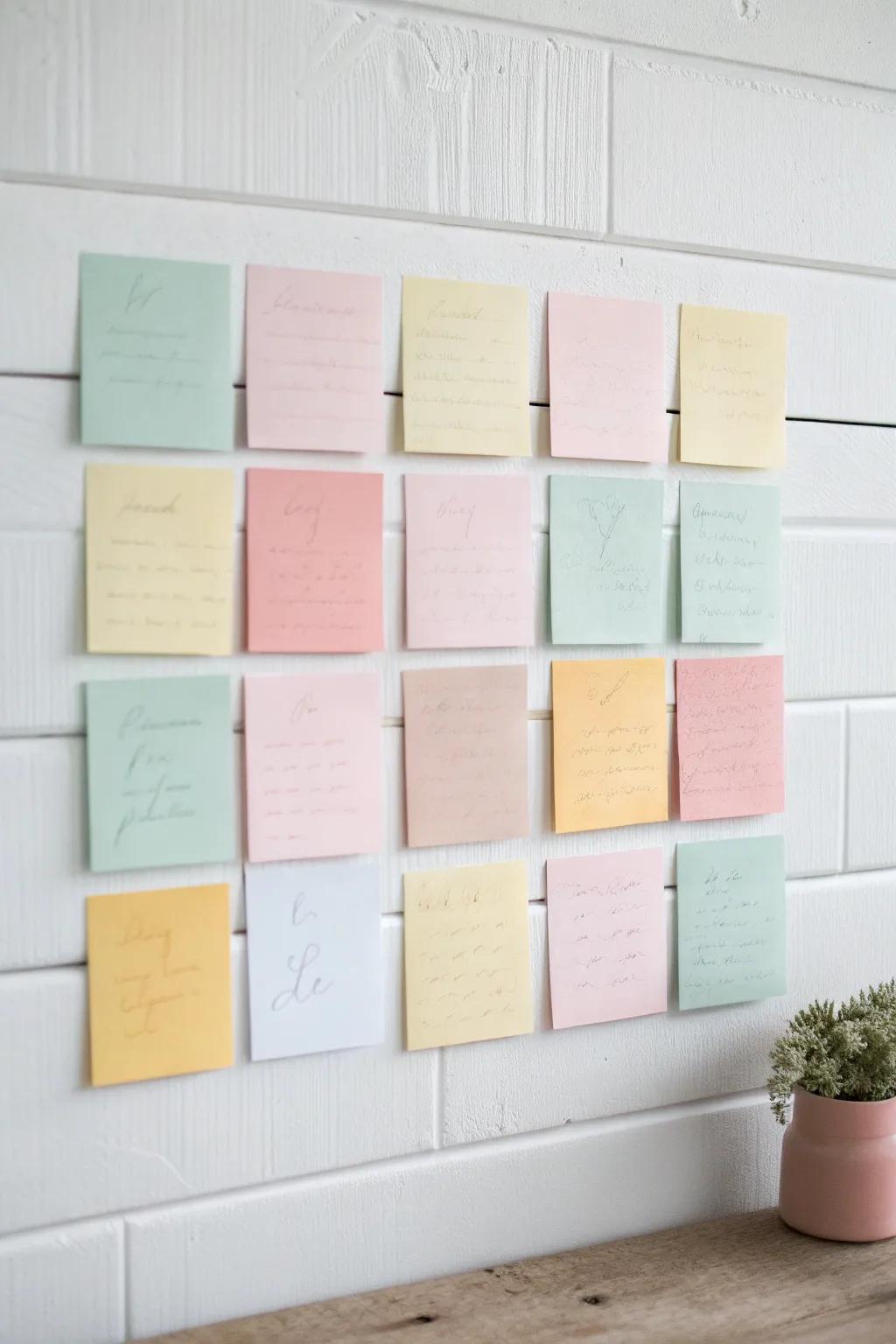 Transform your wall into a serene gallery of inspiration with pastel sticky notes and uplifting quotes.