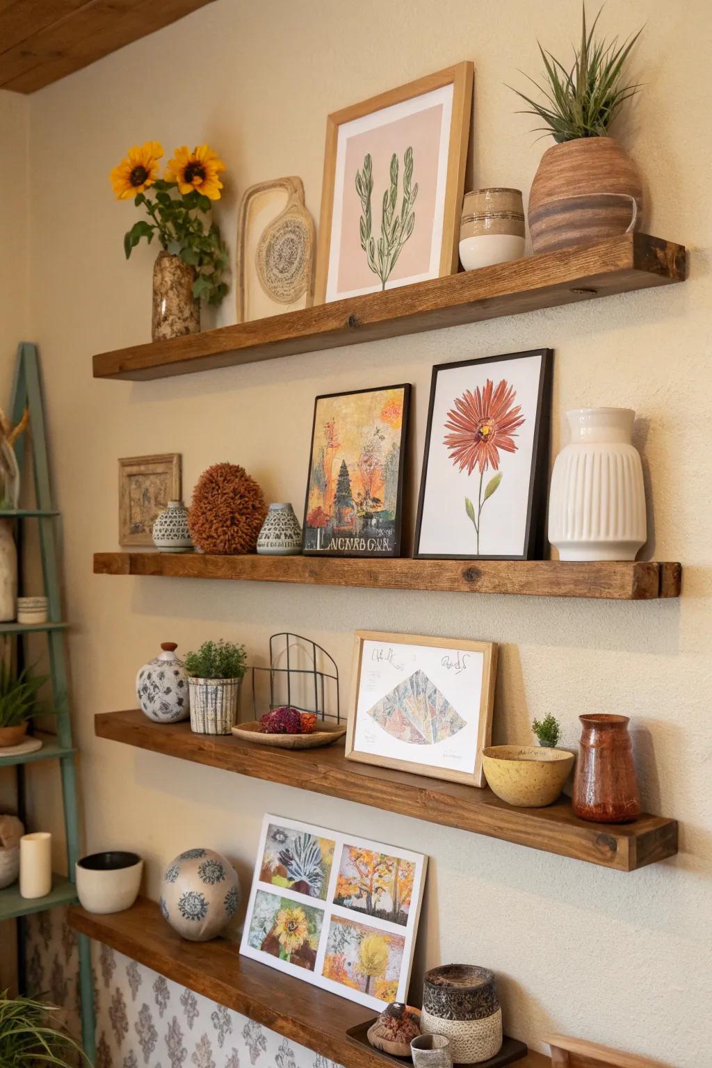 Floating shelves provide a versatile space for displaying art and collectibles.