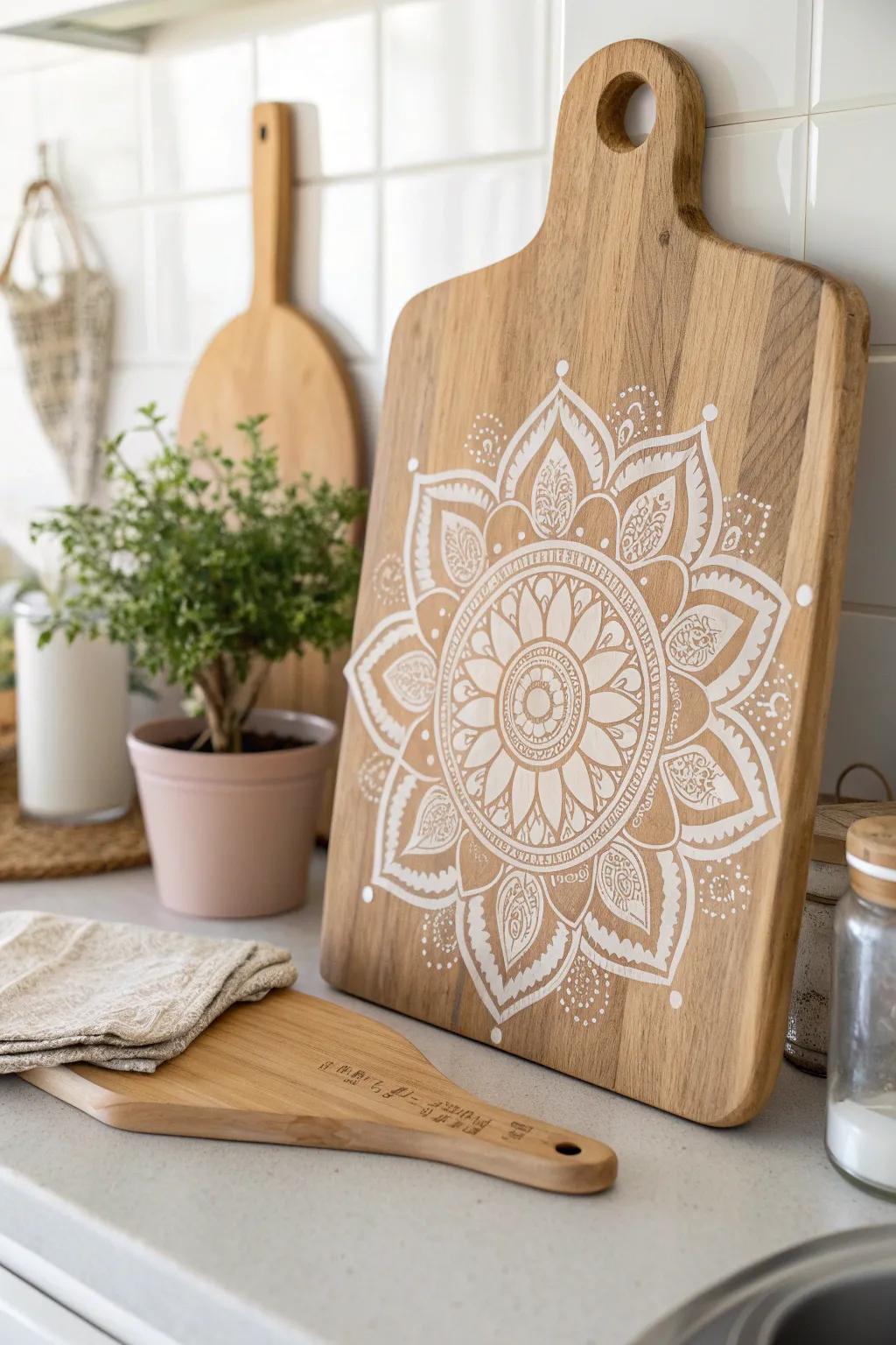 Transform your kitchen into a serene escape with a mandala-adorned cutting board—where minimalism meets mesmerizing design.