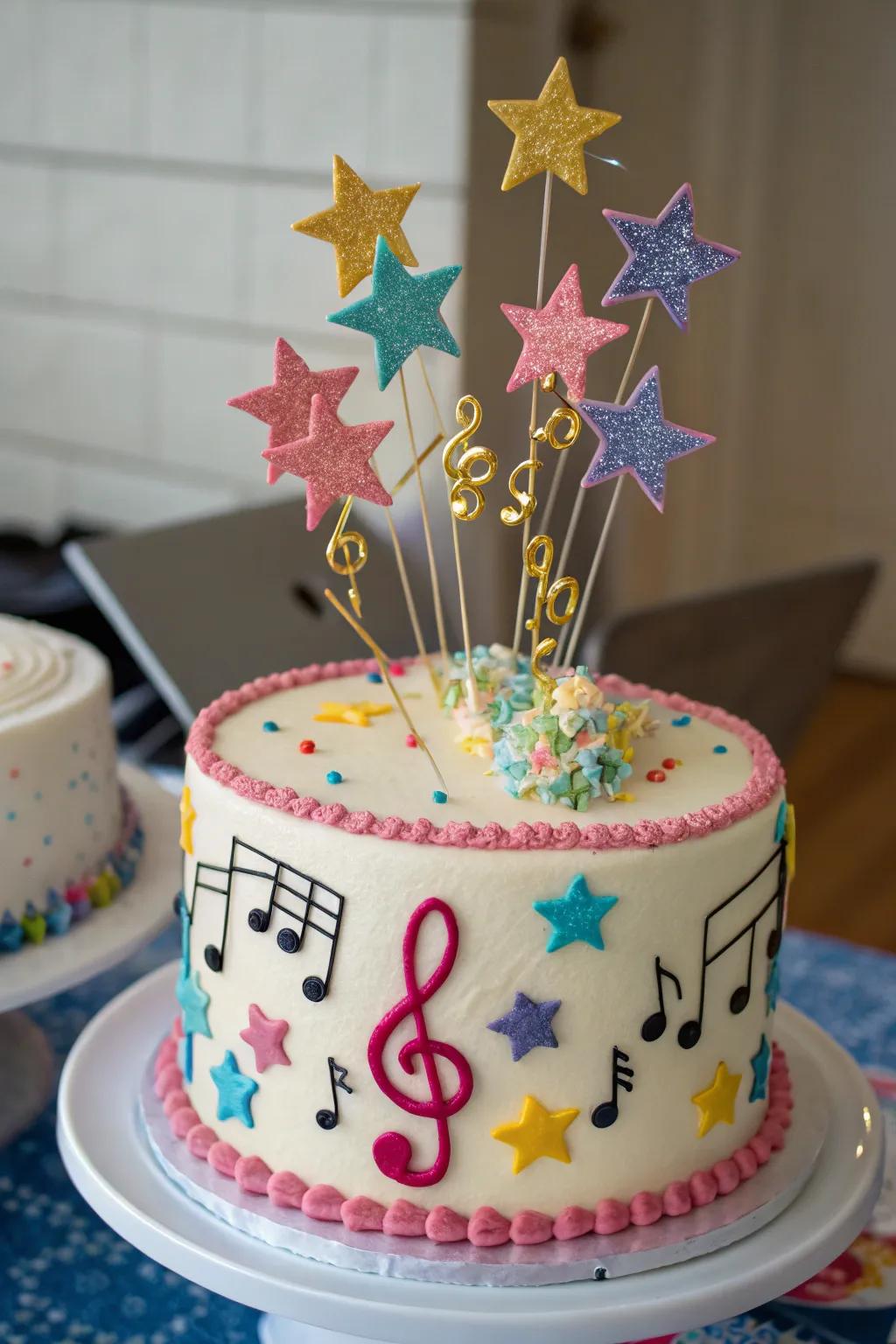 Dance-themed cake with musical notes and stars.