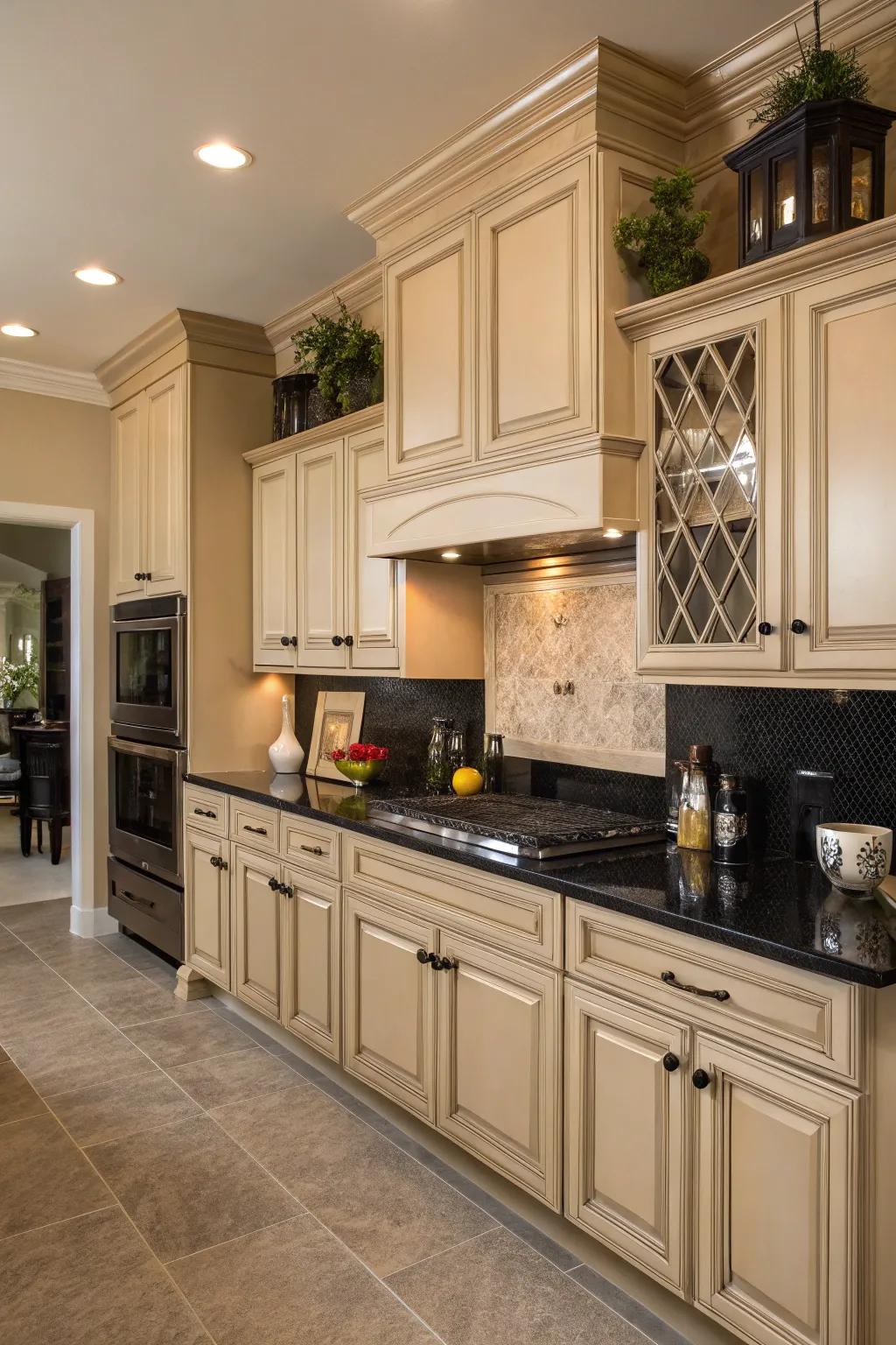 Black elements create a bold contrast with dark beige cabinetry.