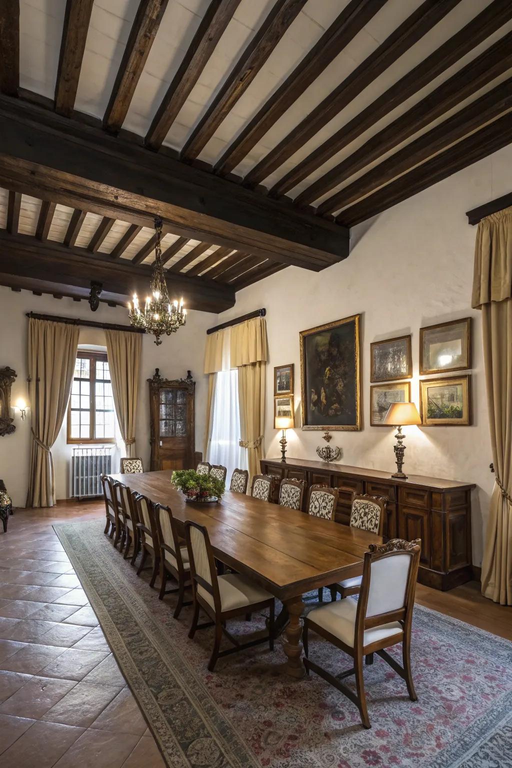 A traditional dining room with a dark beamed ceiling that complements classic furnishings.