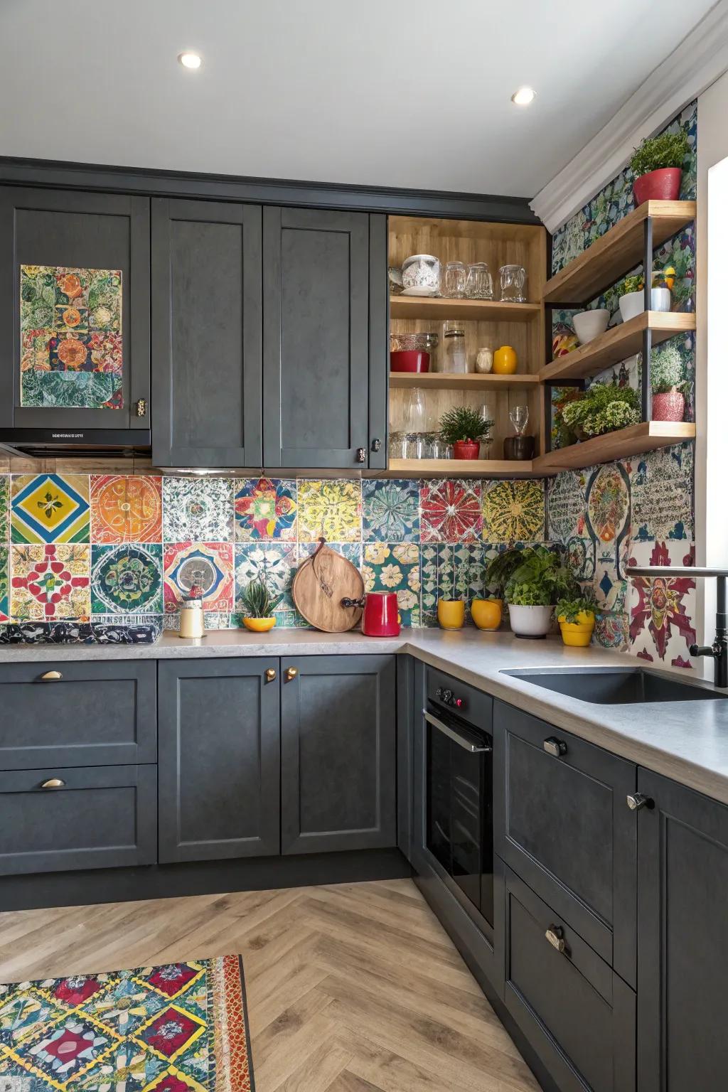 Bold backsplashes add personality to dark gray cabinets.