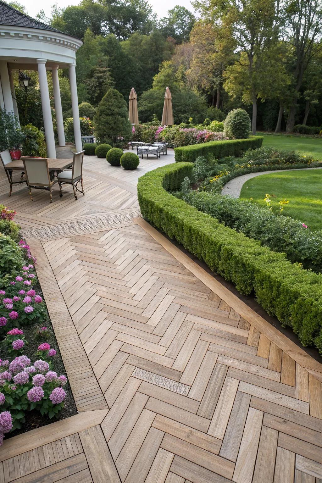 Herringbone patterns weave elegance into any deck.