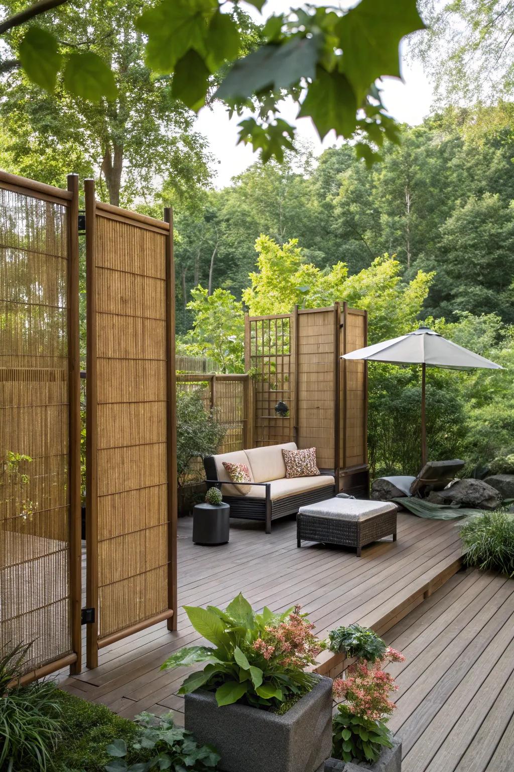 Bamboo screens add a natural and exotic touch to this private deck area.