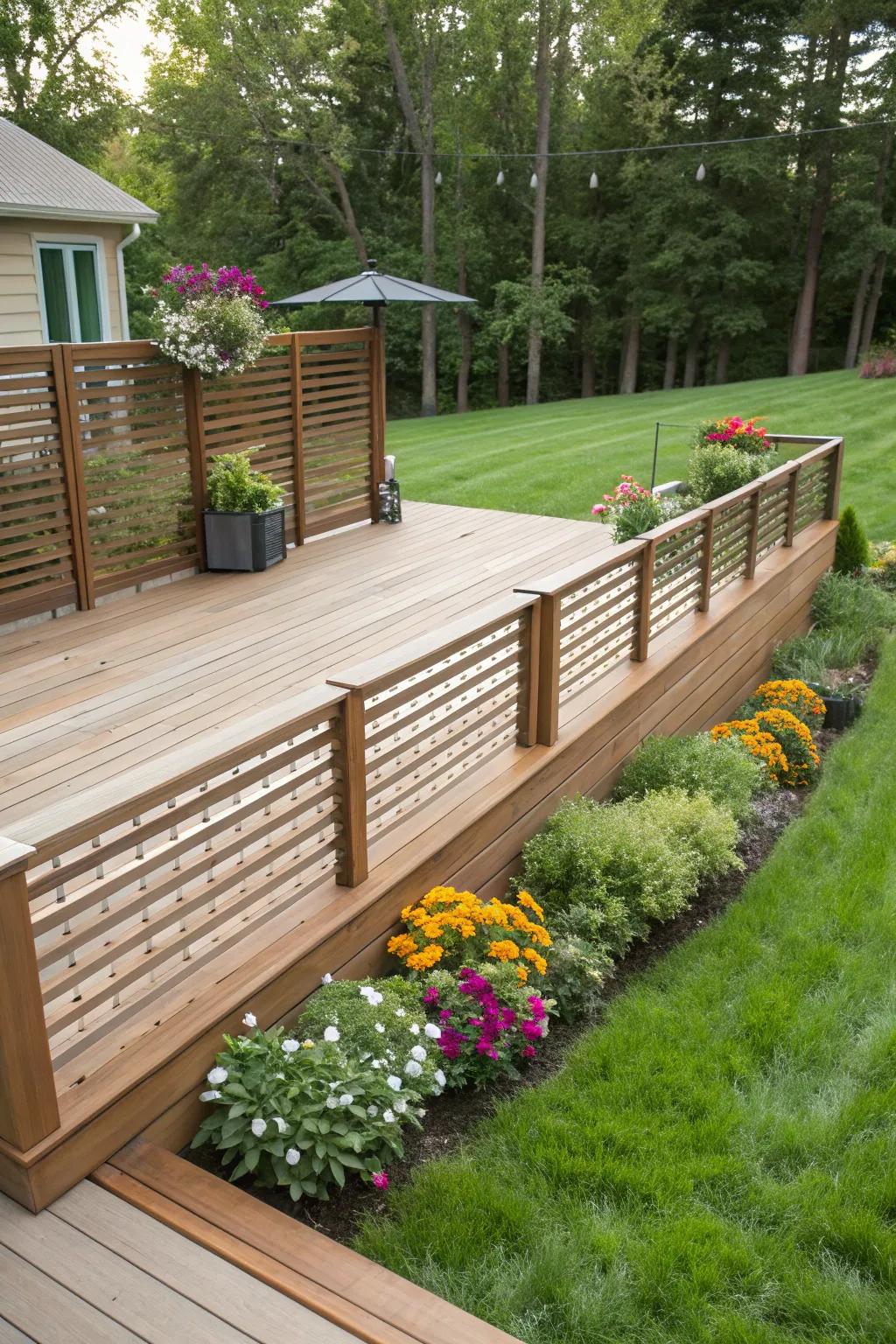 Horizontal slat fencing provides a modern and rustic appeal.