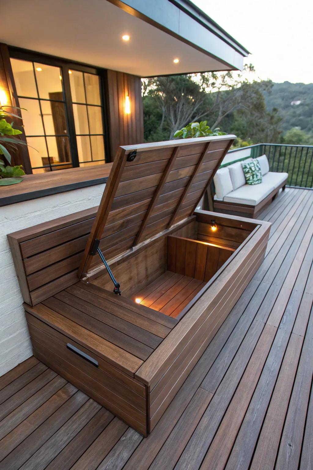 Discover the elegance of hidden functionality with this stylish trap door bench for your deck.