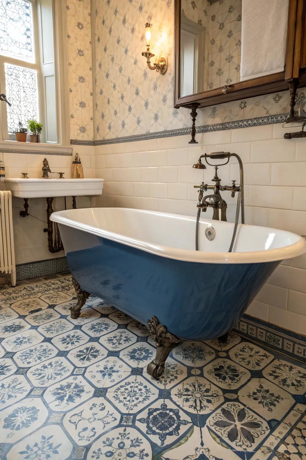 A vintage vibe is achieved by pairing a blue clawfoot tub with antique fixtures.