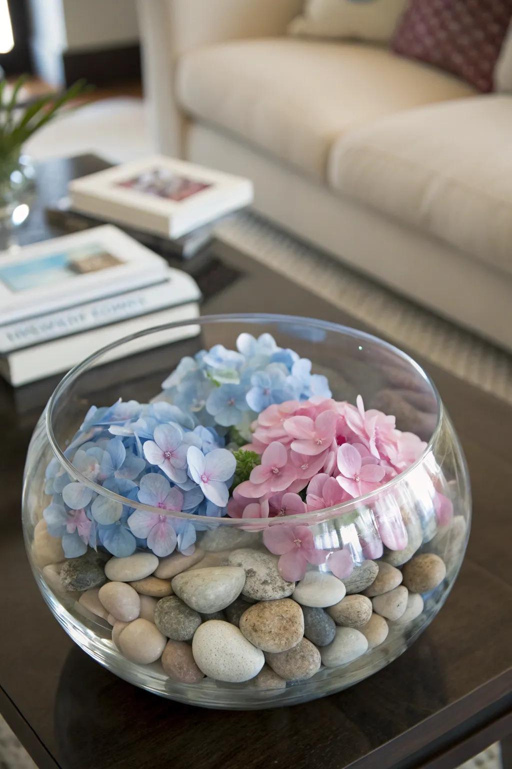 Floating hydrangeas create an elegant and serene display.