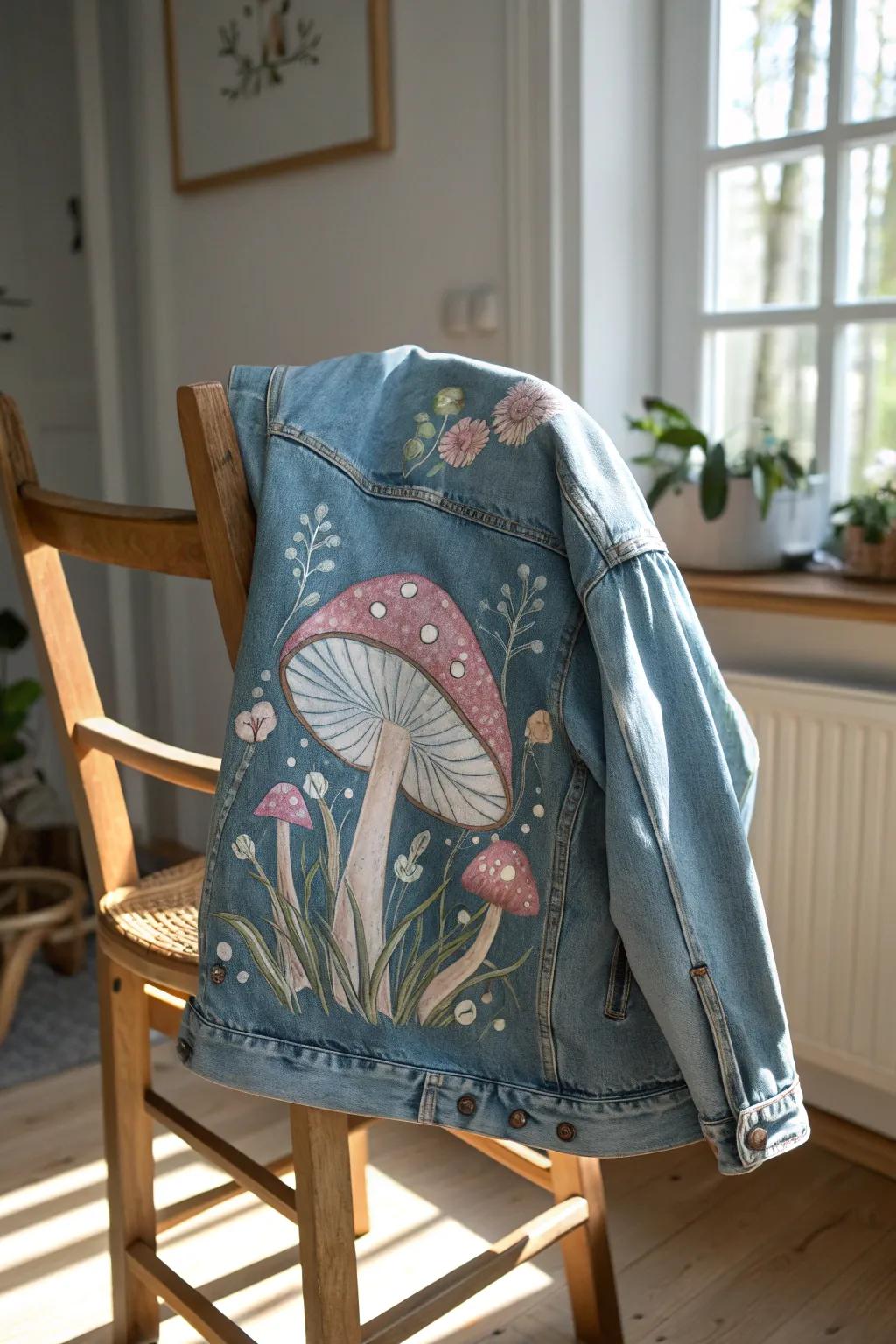 Add a touch of woodland wonder to your wardrobe with mystical mushroom art on denim.