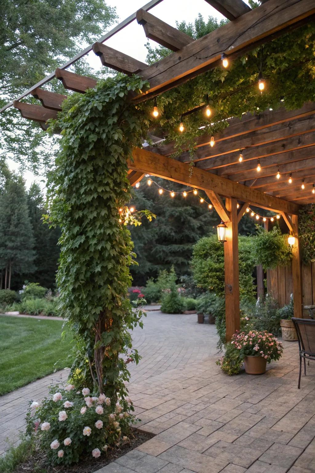 A wooden pergola adds structure and charm to the patio.