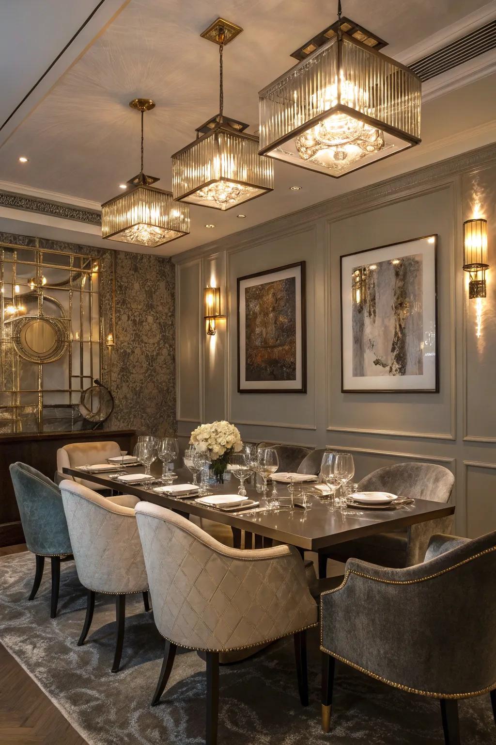 Metallic accents bring a touch of glamour to the dining space.