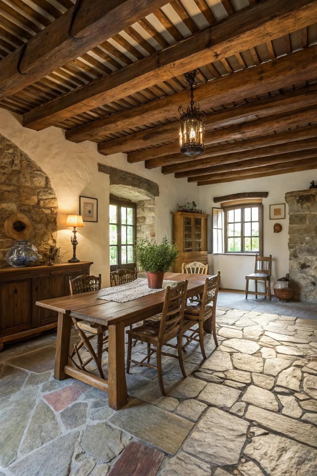 Stone flooring adds rustic charm and durability to dining spaces.