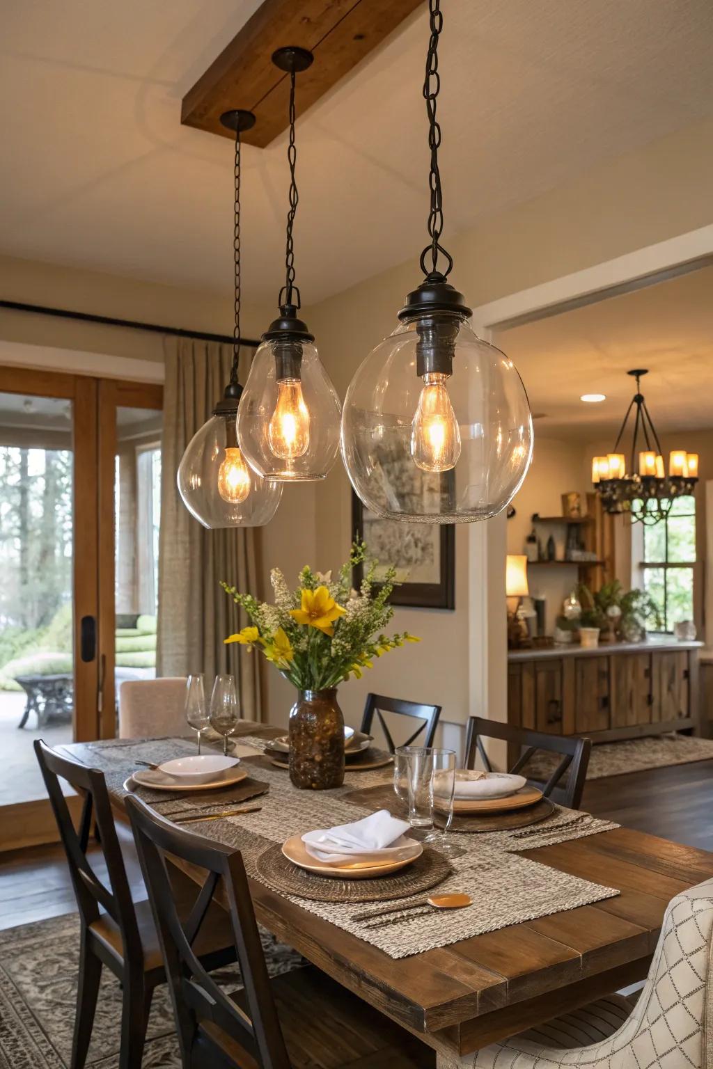 Rustic lighting adds warmth and charm to your dining room.