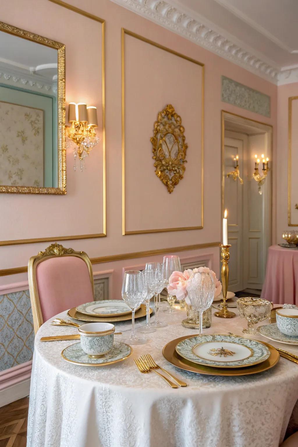 A chic dining room with soft pastel hues and elegant decor.