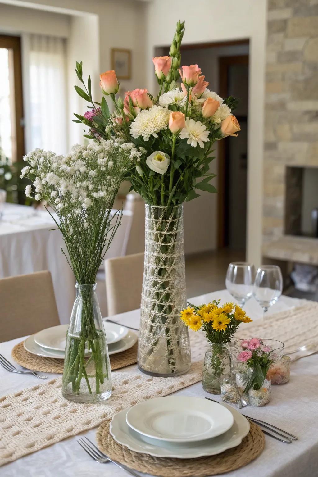 A harmonious centerpiece with three vases of varying heights, each adorned with matching flowers.