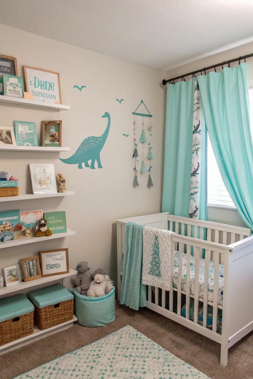 Mint and blue hues create a serene atmosphere in this dino nursery.