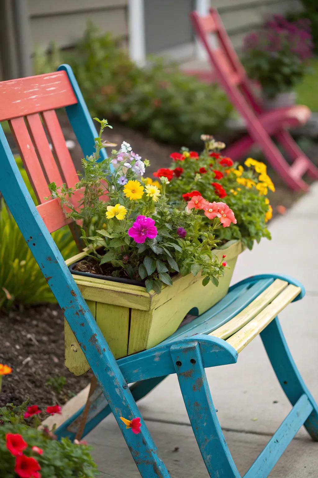 Upcycled patio chairs can add a whimsical touch to your garden.