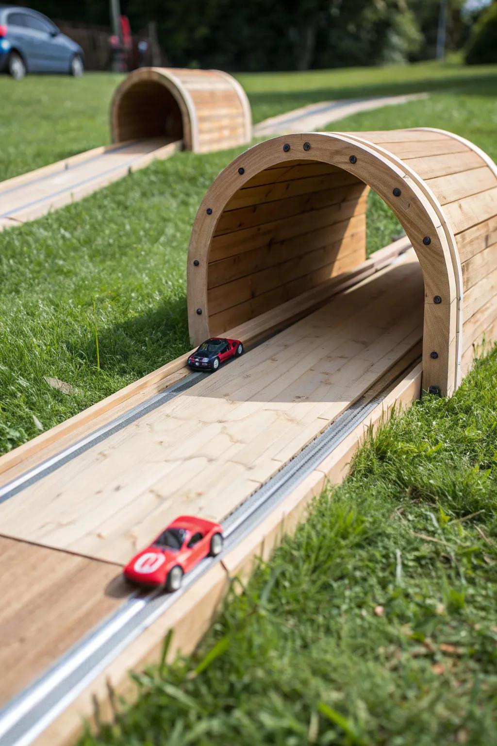 Elevate your backyard race track with stylish tunnels and bridges—where craftsmanship meets fun!