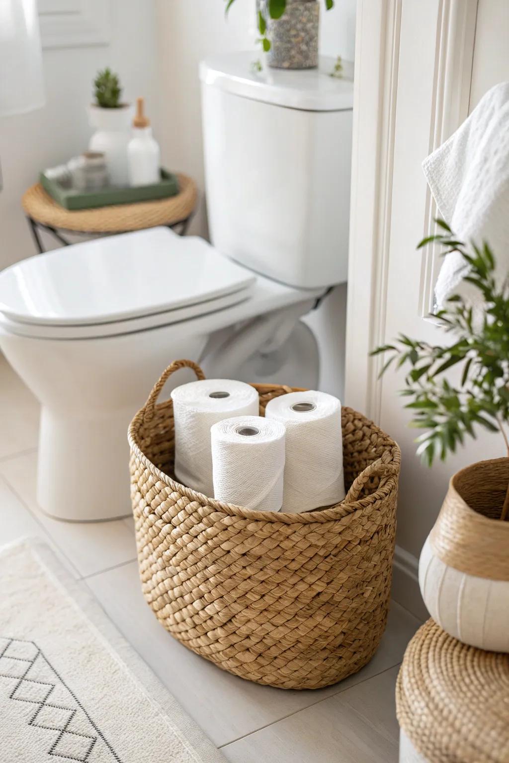 Elevate your bathroom storage with the charming elegance of woven baskets—where functionality meets style.
