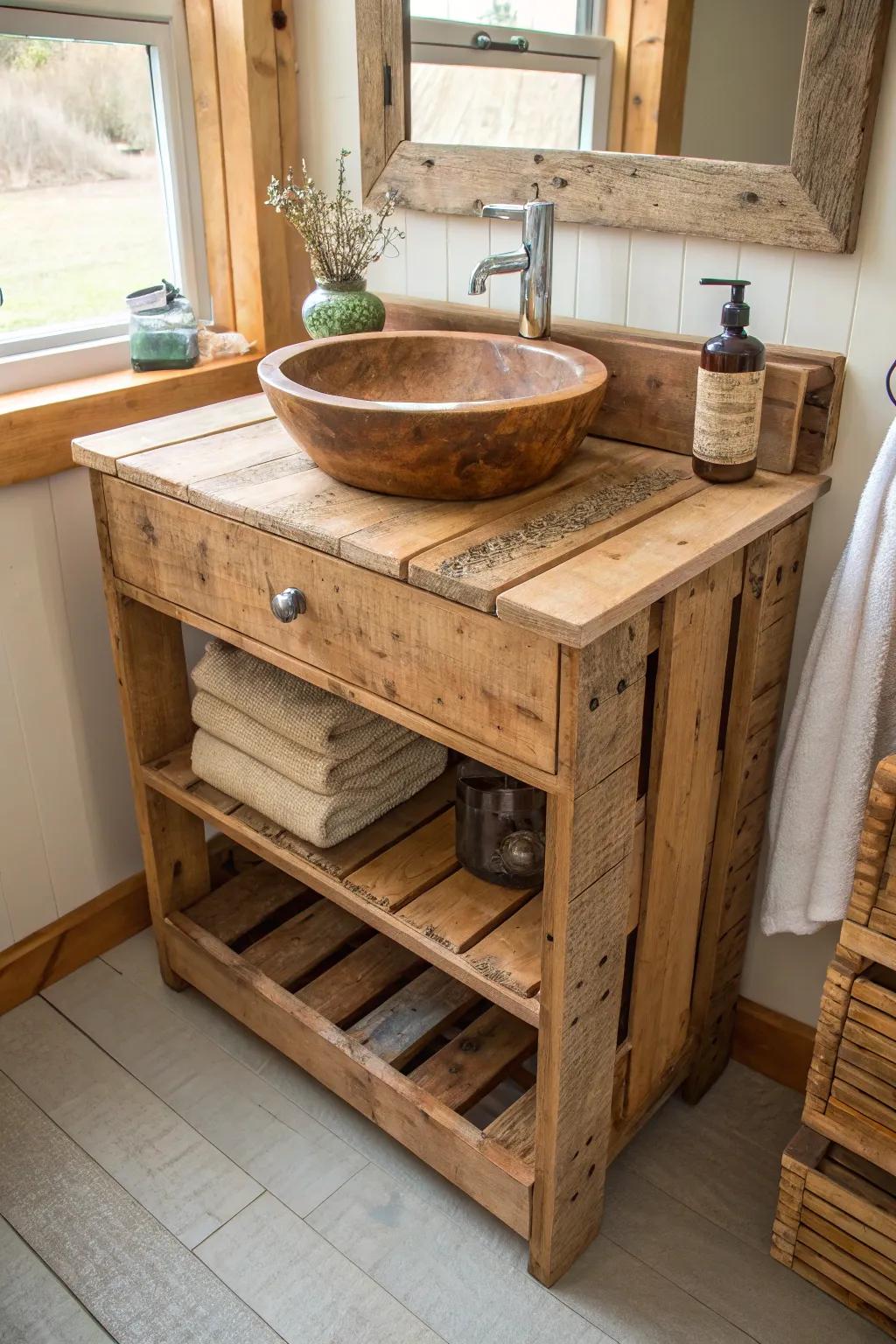 Pallets offer an eco-friendly and rustic solution for bathroom vanities.