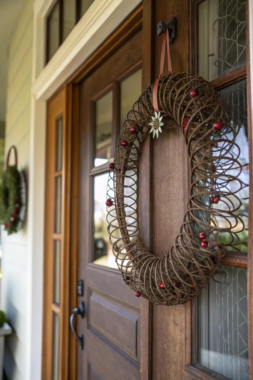 A welcoming bed spring wreath that changes with the seasons.