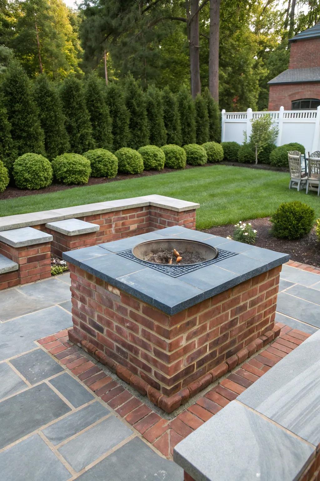 A bluestone top adds a striking contrast to this brick fire pit.