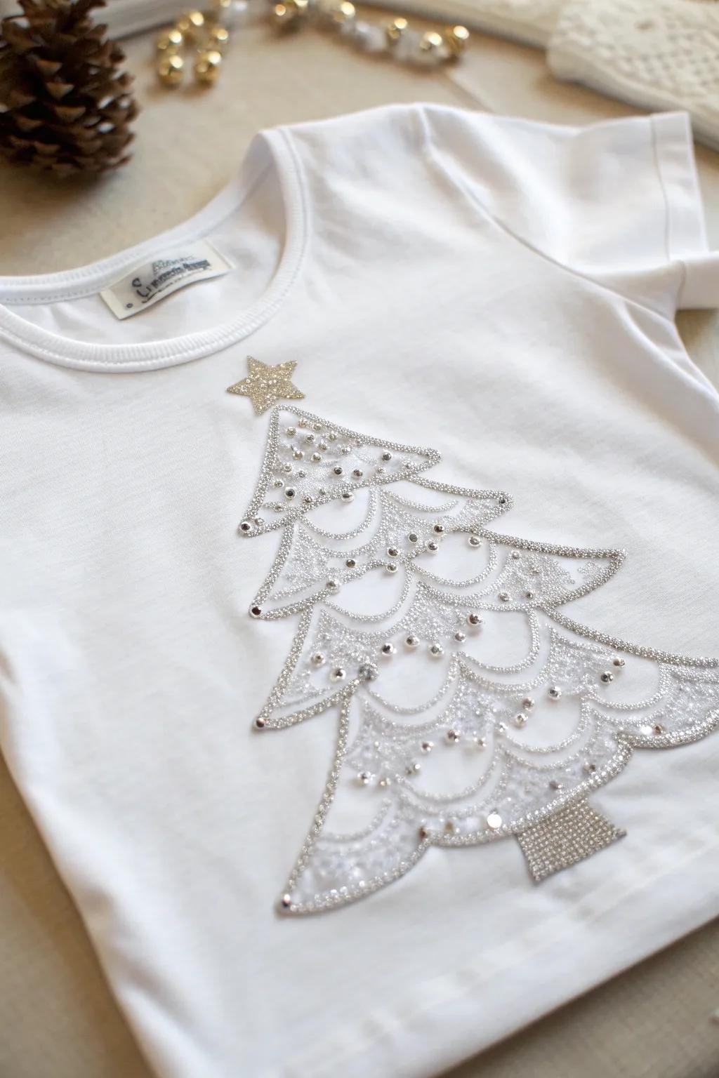 Add a touch of elegance to your holiday wardrobe with this DIY lace and sequin Christmas tree shirt. Perfect for a chic and festive look!