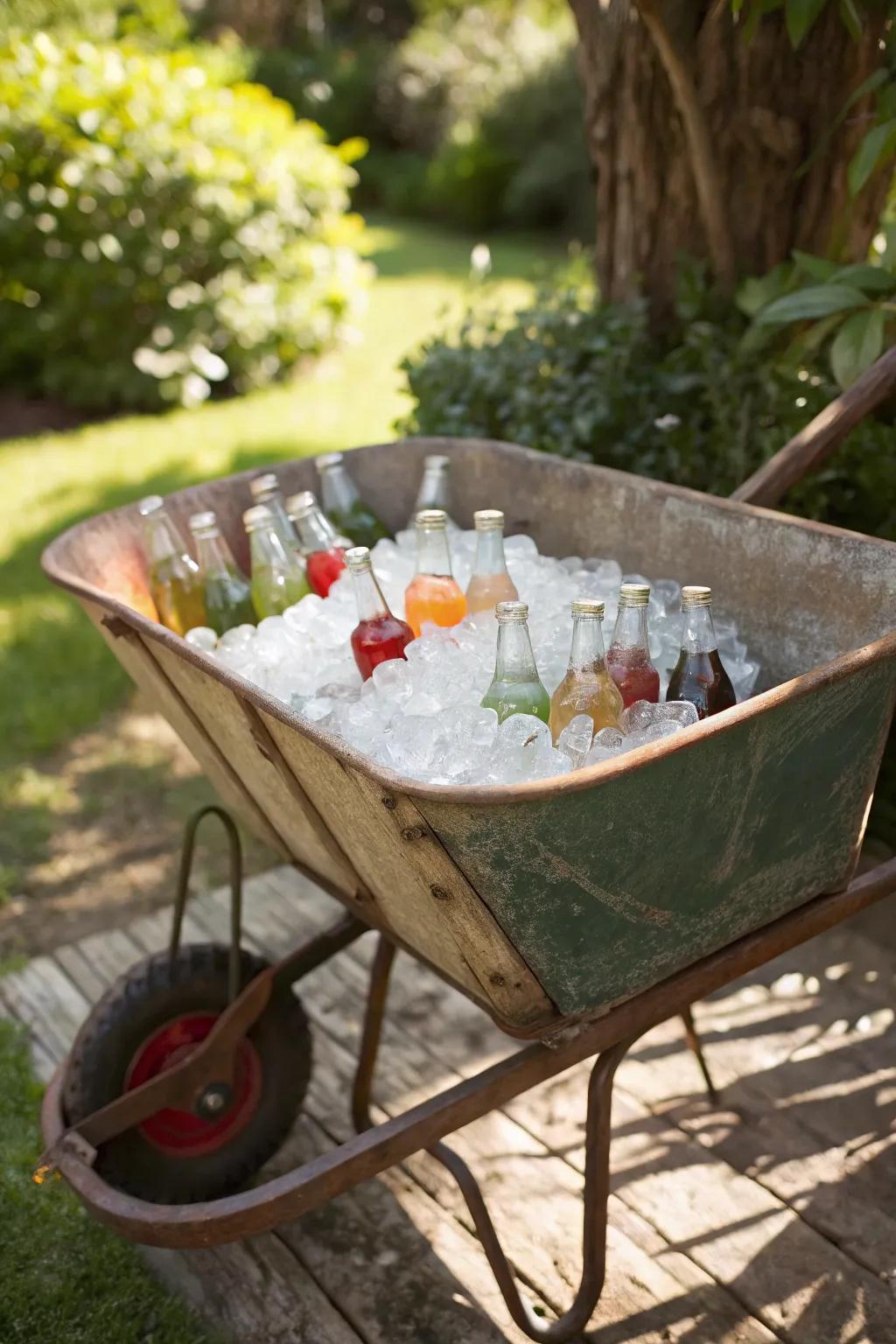 Transform your gatherings with this rustic wheelbarrow cooler — where charm meets functionality.