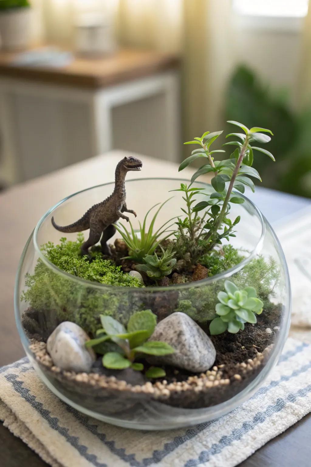 Contain the prehistoric era with a dinosaur terrarium centerpiece.