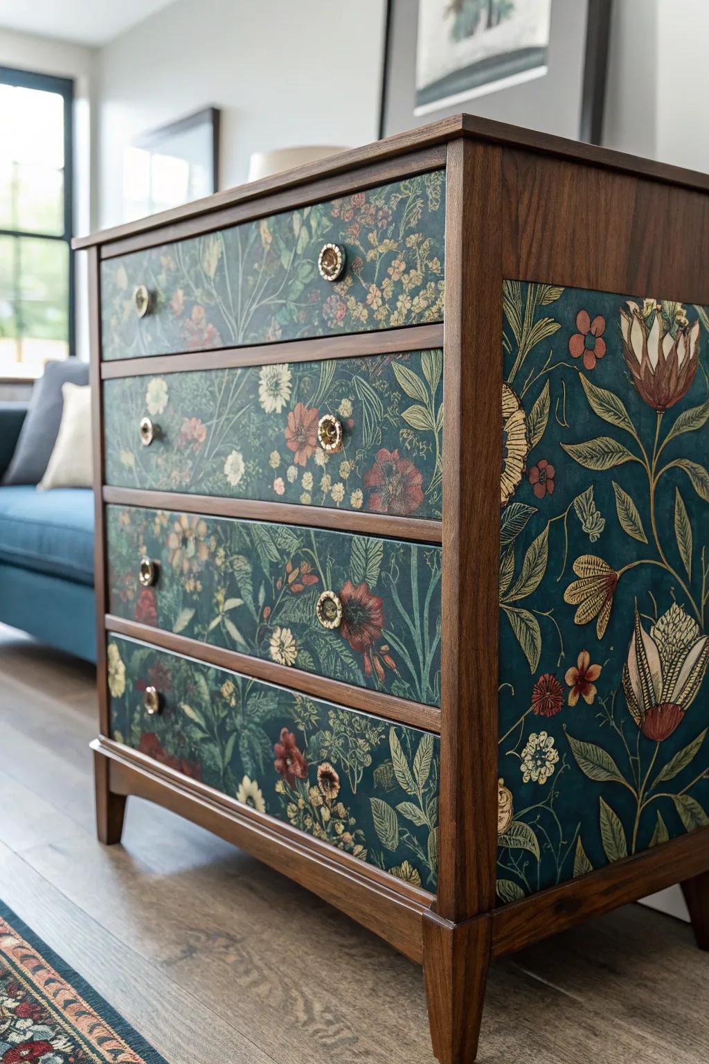 Transform your dresser into a masterpiece with vintage wallpaper flair.
