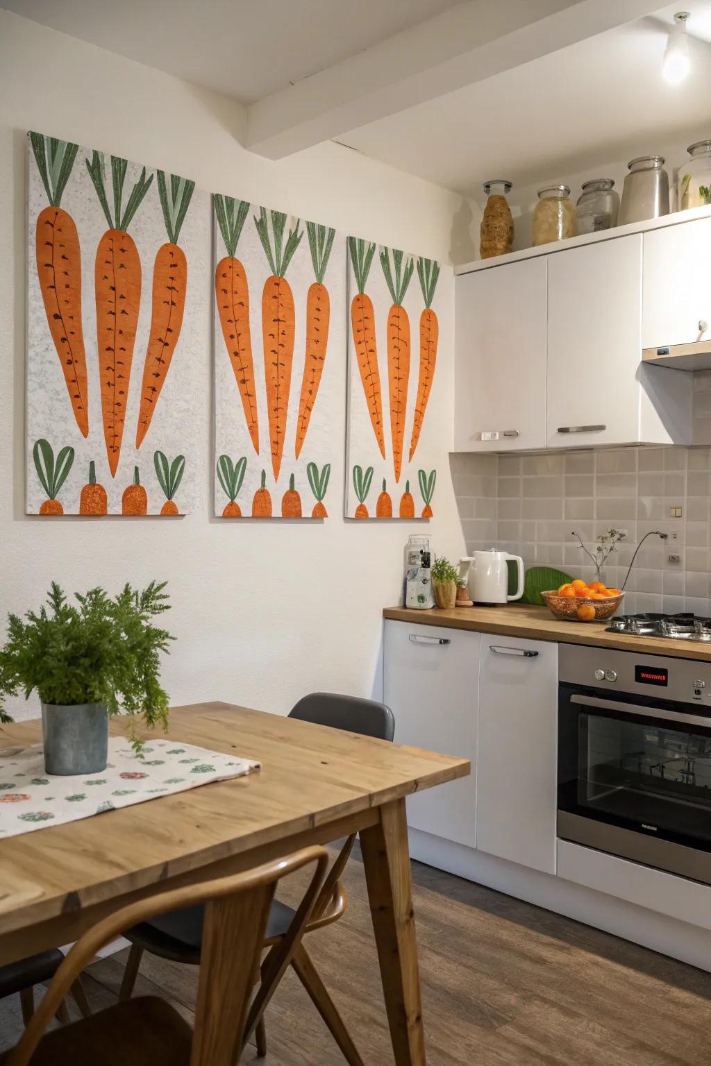 Carrot-themed canvases add a playful touch to any wall.