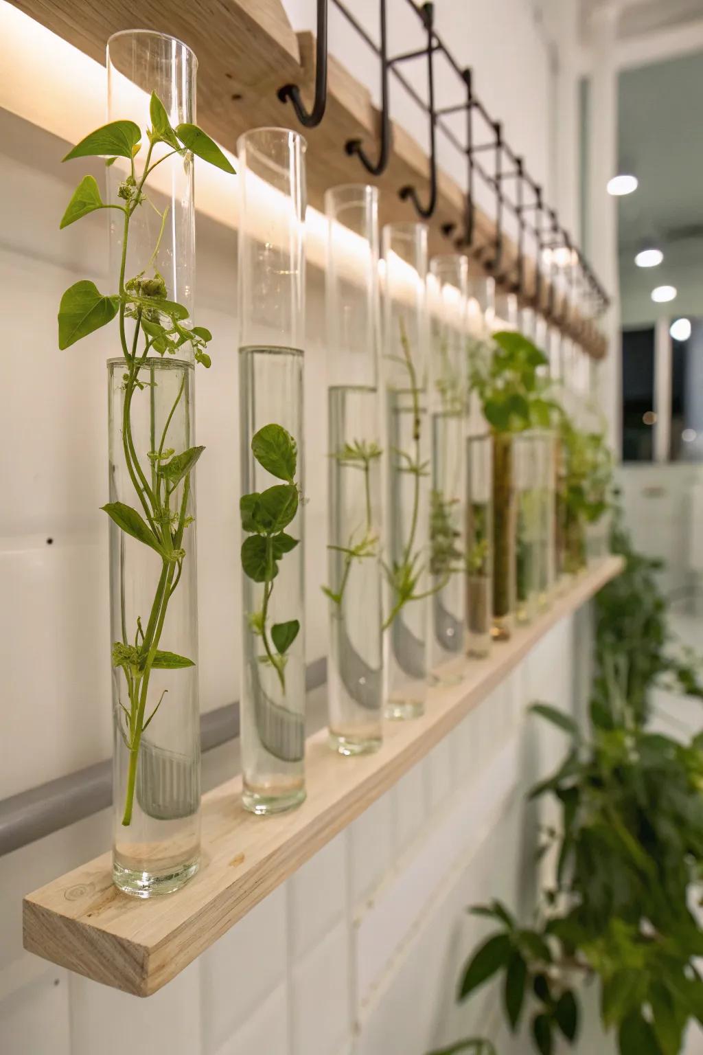 Minimalist test tube planters create a modern display for plant lovers.