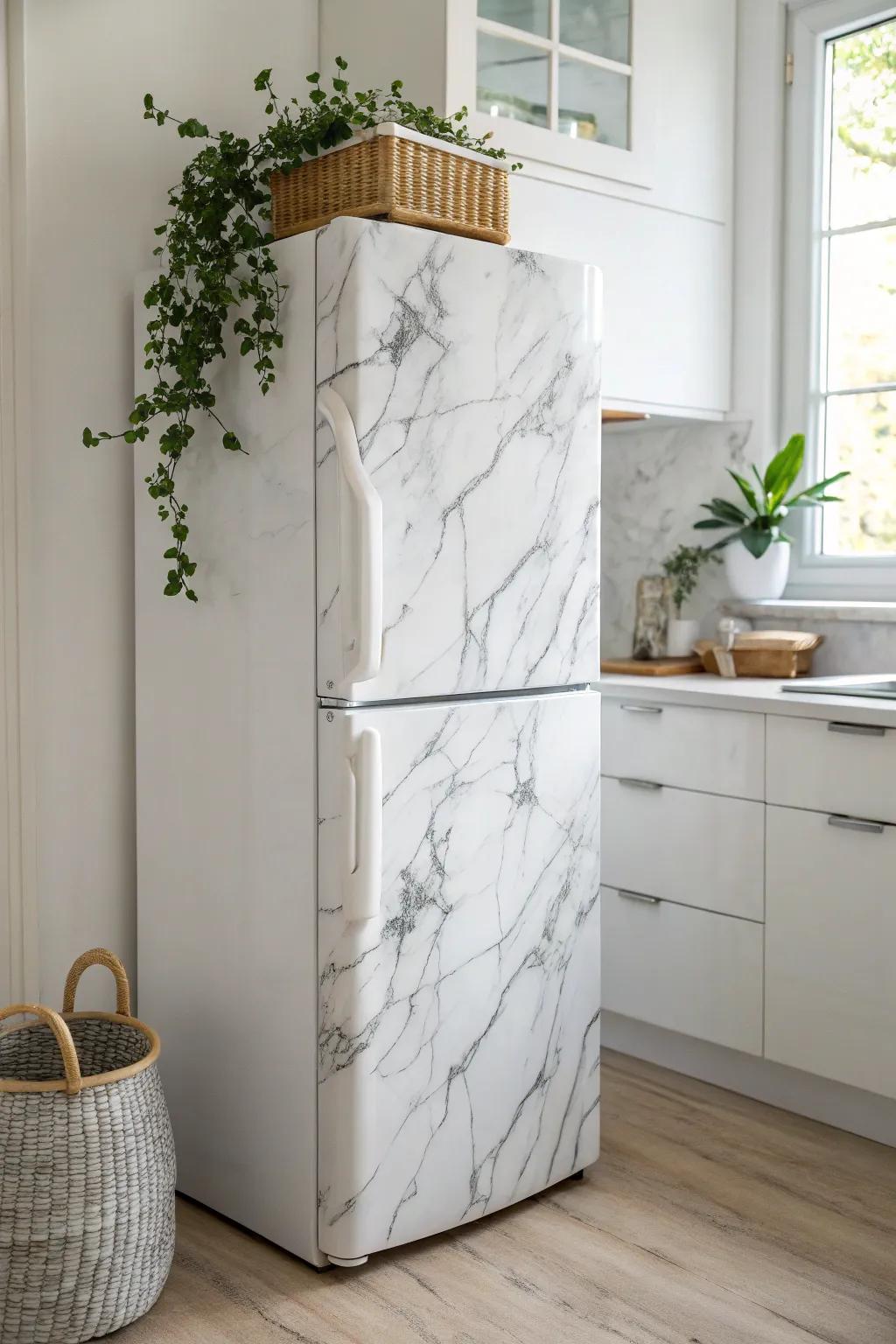 Transform your fridge with chic marble contact paper for a fresh and stylish look!