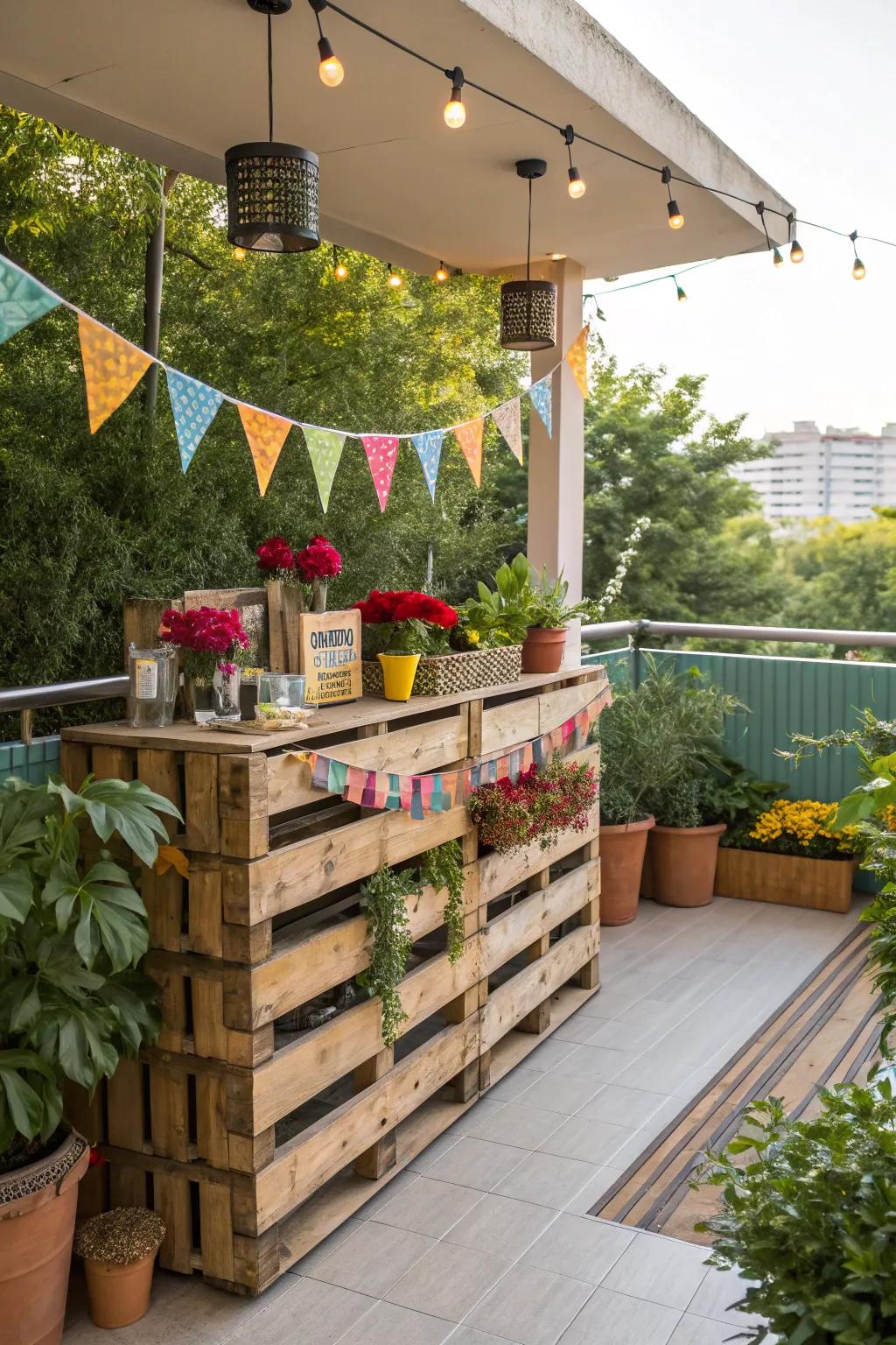 An outdoor pallet bar on a balcony with colorful decor invites you to enjoy summer evenings.