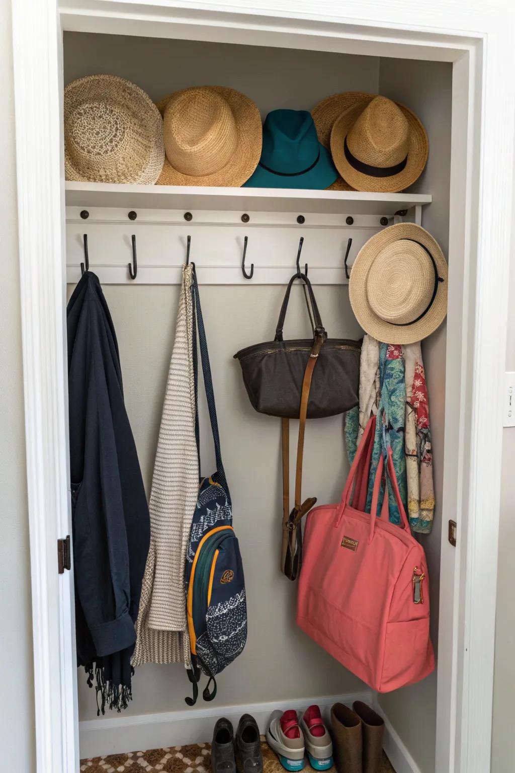 Vertical hooks in a closet help utilize unused wall space.