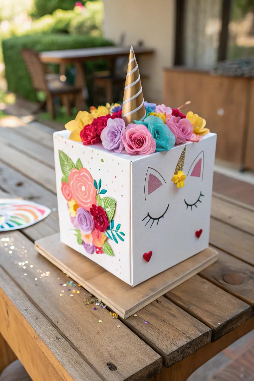 A unicorn box with a delightful mane of faux flowers.