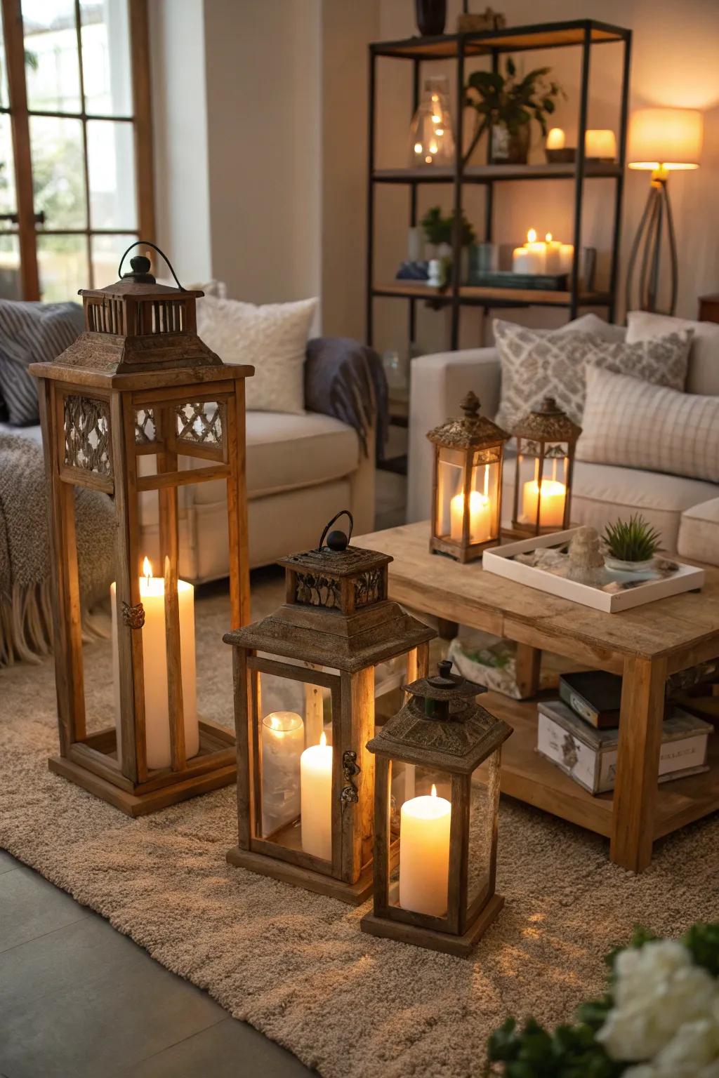 Wooden lanterns offer a timeless elegance to any space.