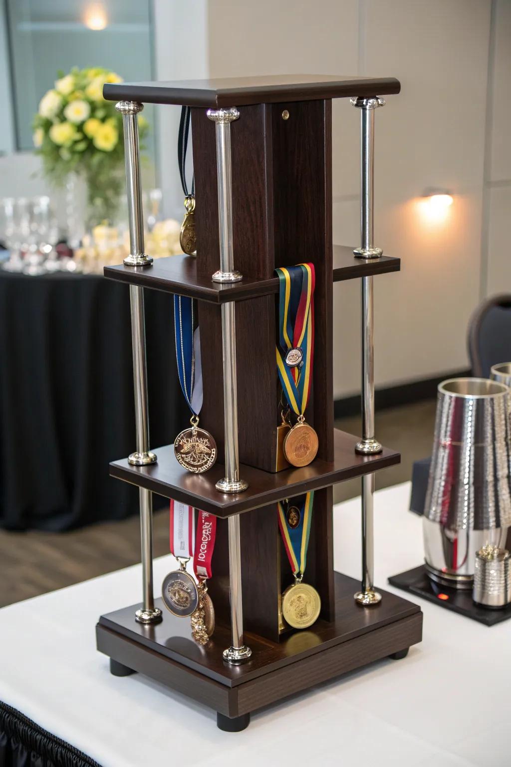 Showcase your achievements in style with this elegant multi-tiered medal display stand.