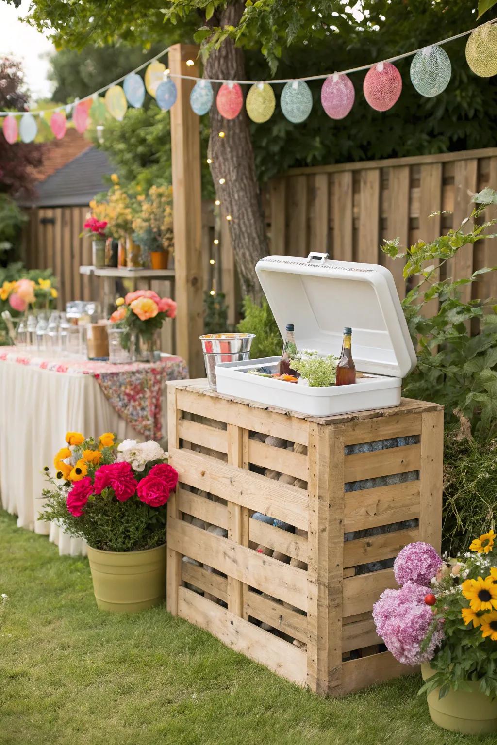 A garden bar with built-in cooler, perfect for entertaining guests outdoors.