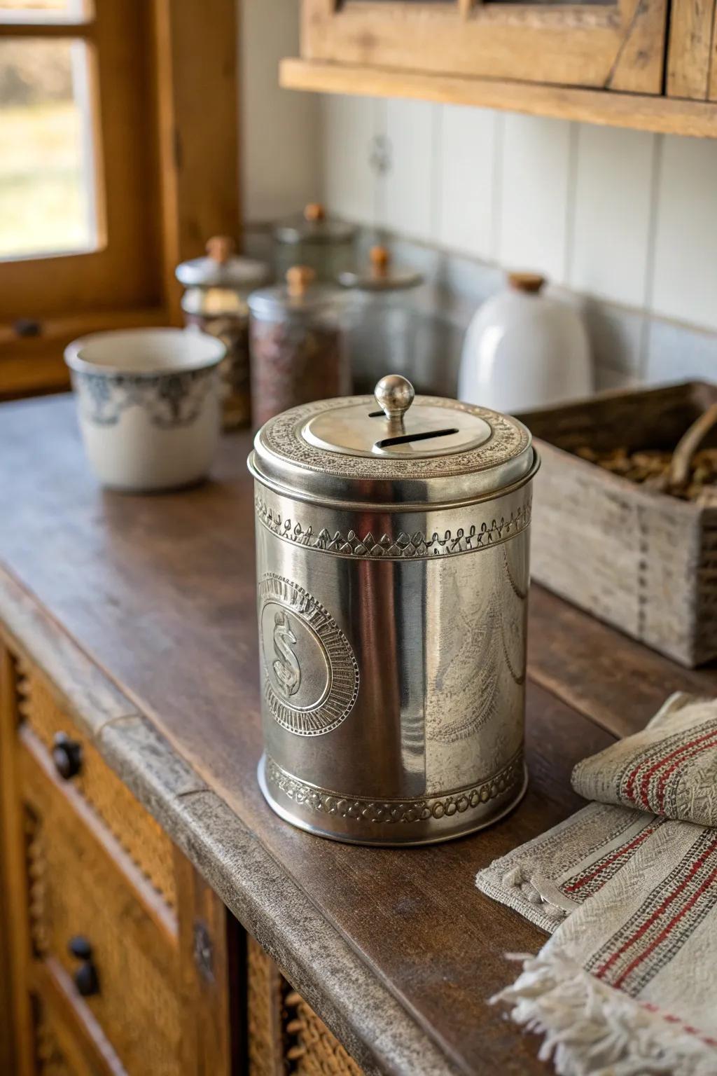 Nostalgic vintage tin can piggy bank.