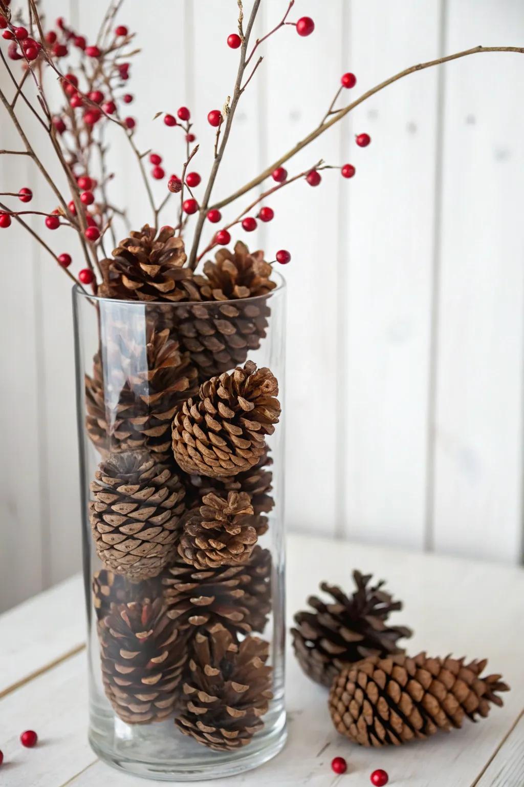 Elevate your table decor with this chic pine cone and berry vase filler, blending minimalist elegance with boho flair.