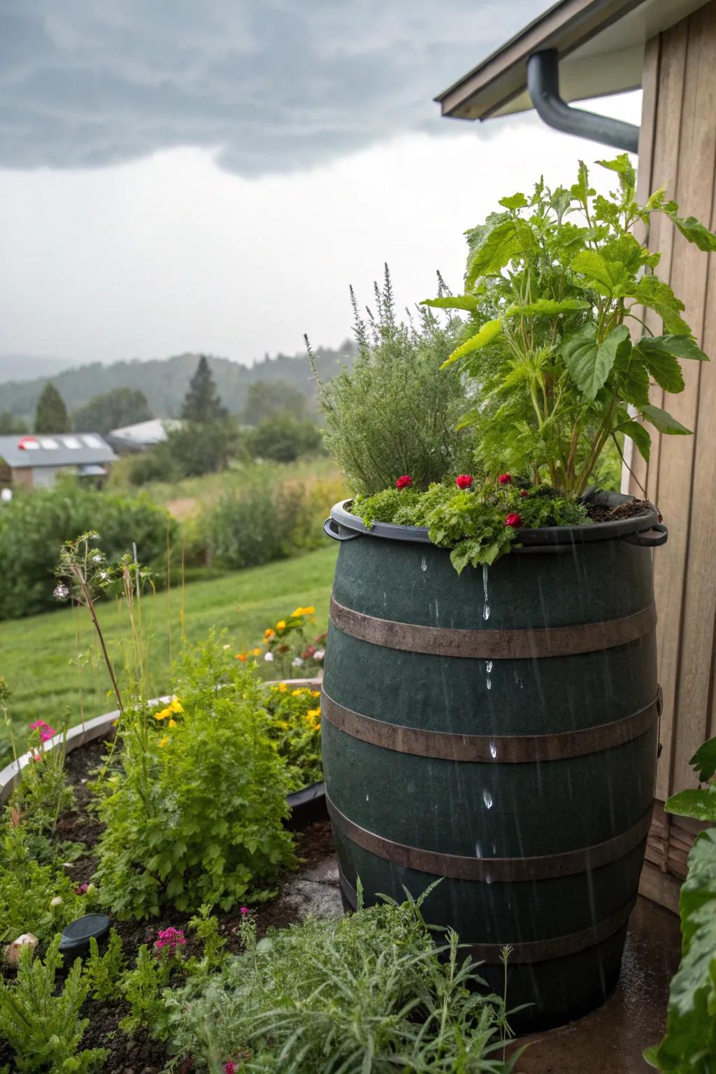 A rain barrel with a herb-filled planter top, merging functionality with greenery.