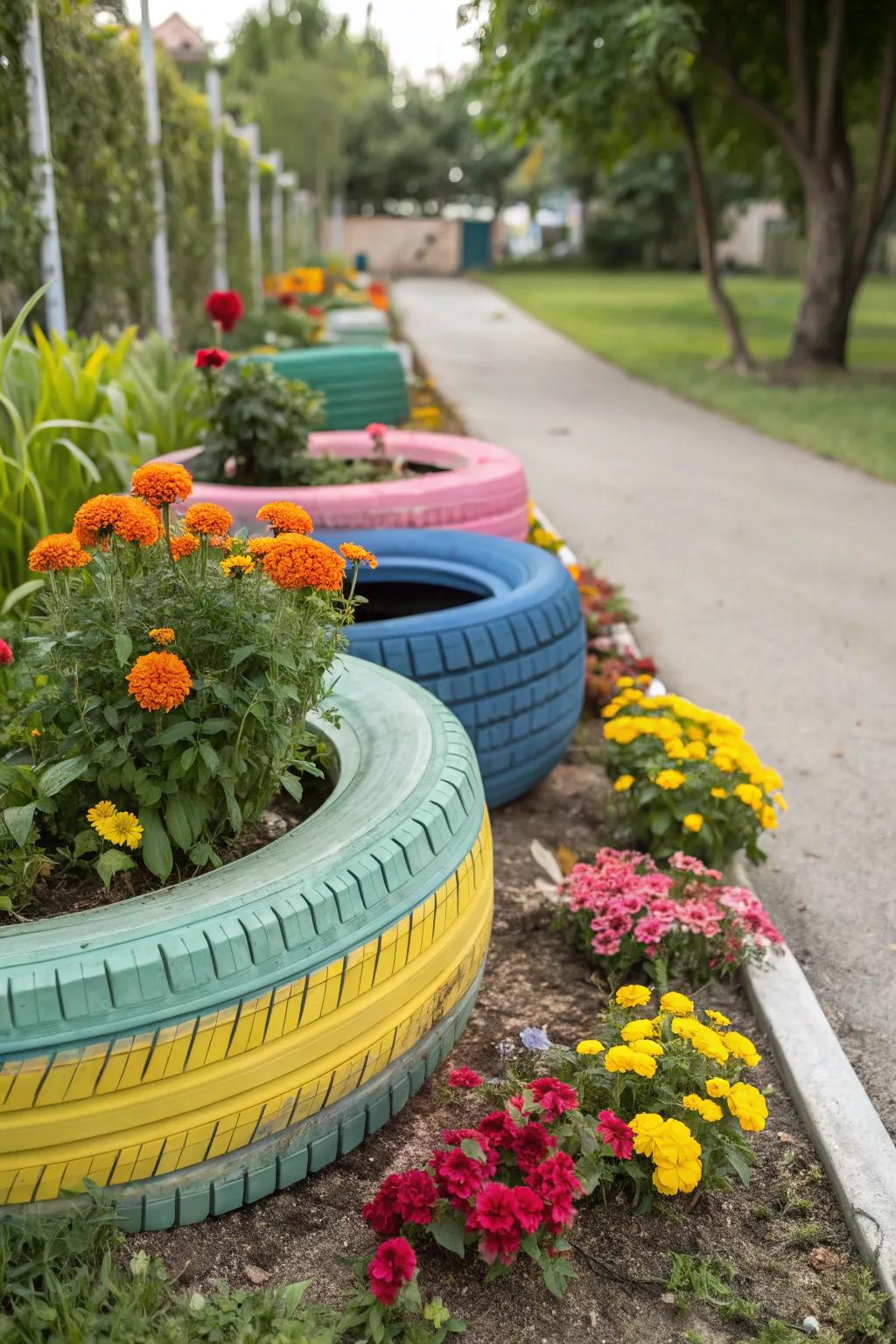 Vibrant flower beds made from painted old tires.