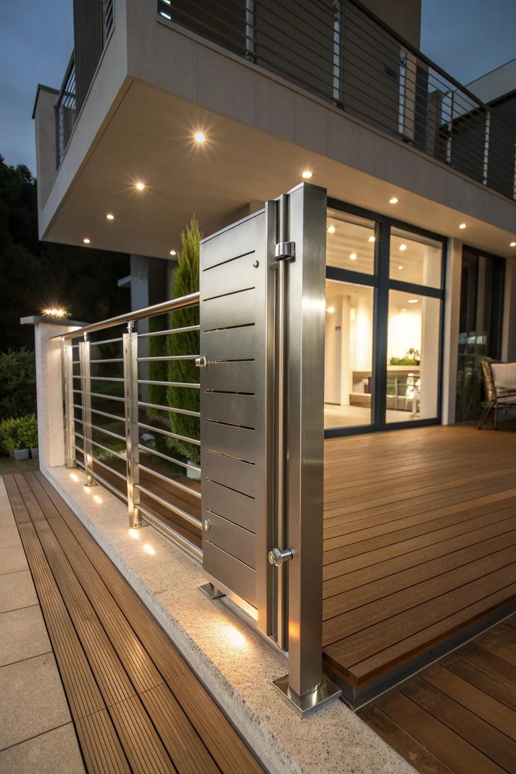 Elevate your deck's style with a sleek minimalist sliding gate for a contemporary touch.