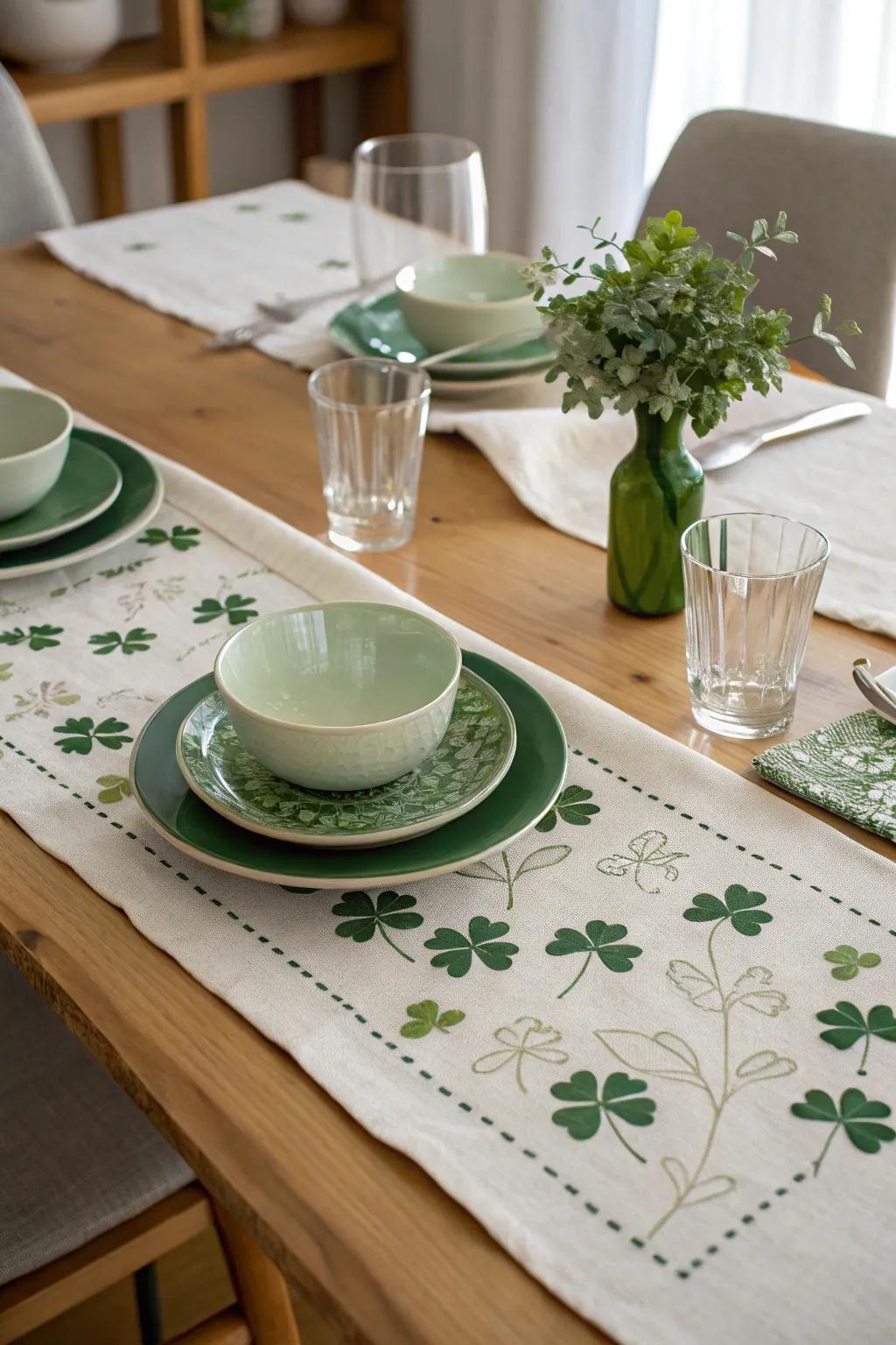 A charming clover table runner brings St. Patrick's spirit to your dining table.