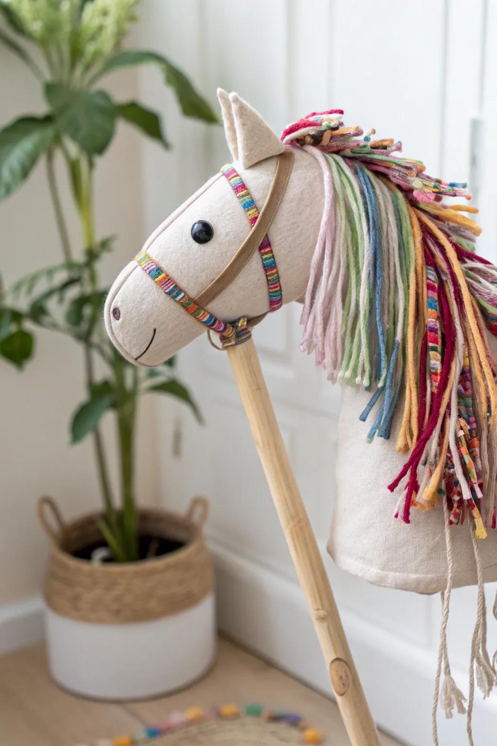 Add a pop of color to playtime with this charming DIY stick horse, featuring a vibrant fabric mane that delights and inspires.